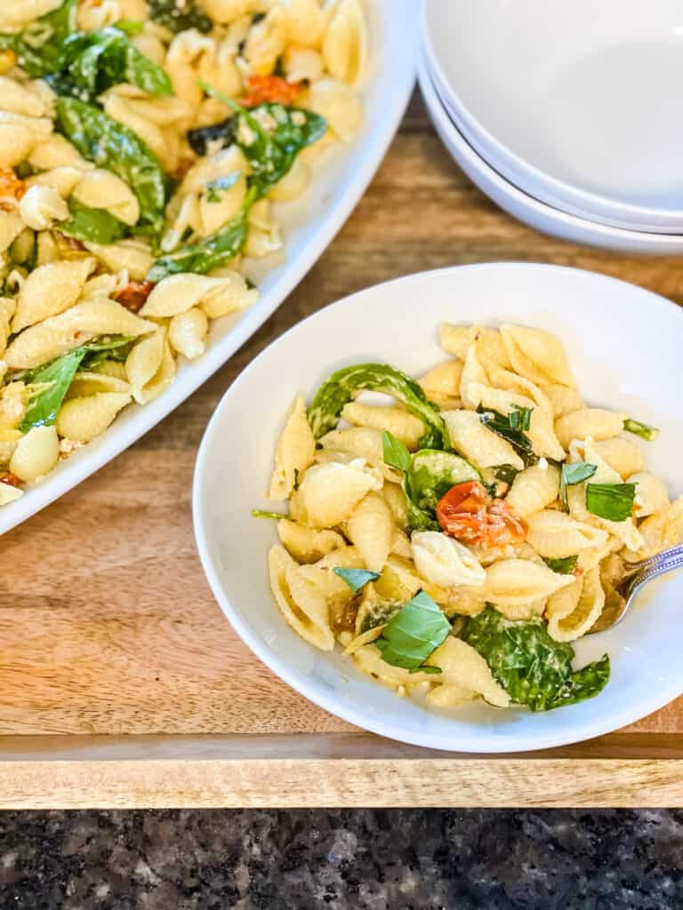 baked feta pasta in white dish