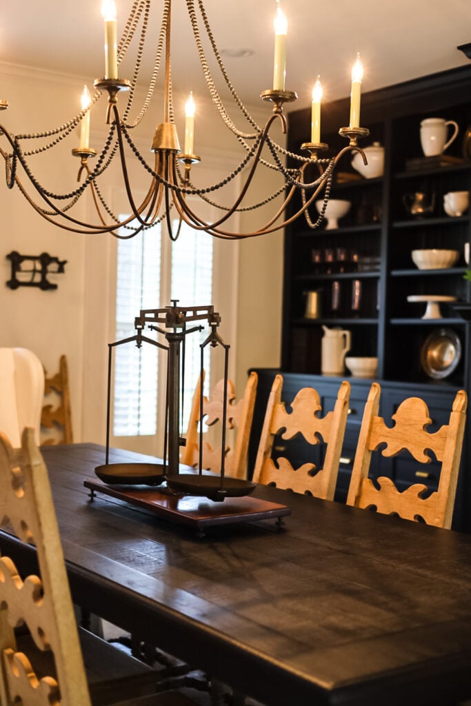 dining room table with chandelier