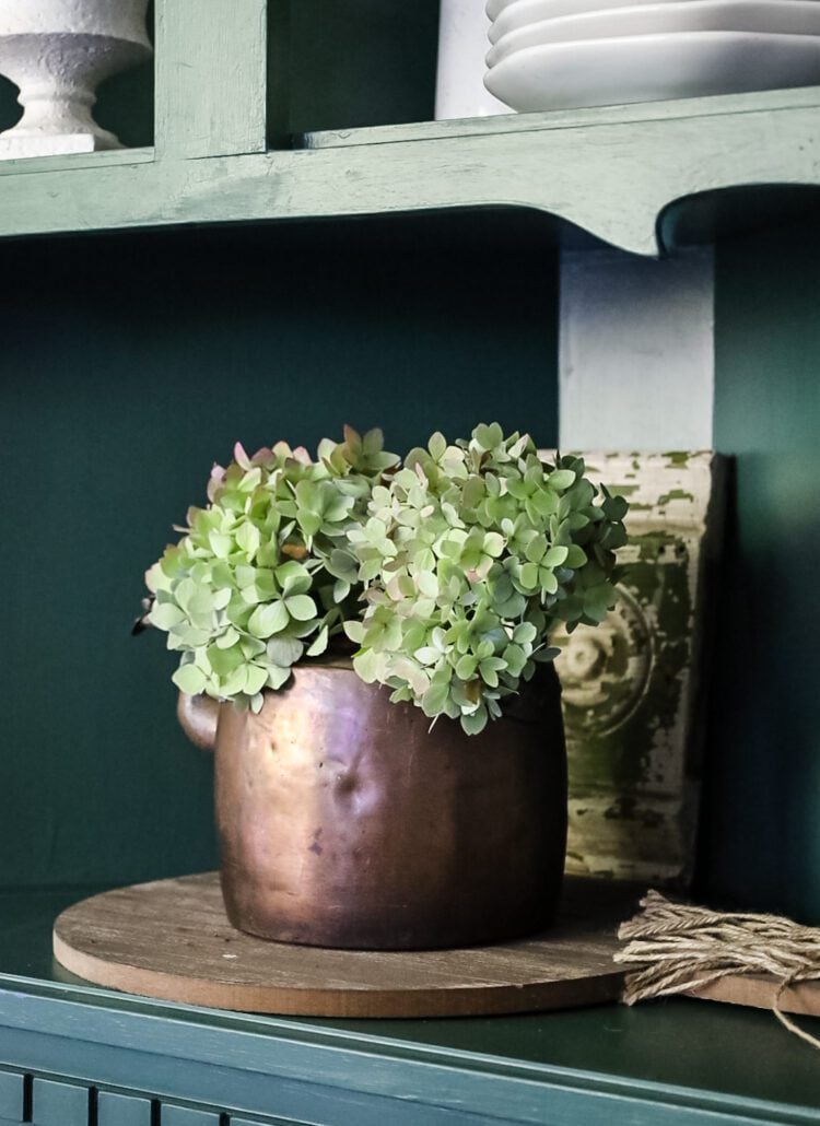 hydrangeas in a copper kettle