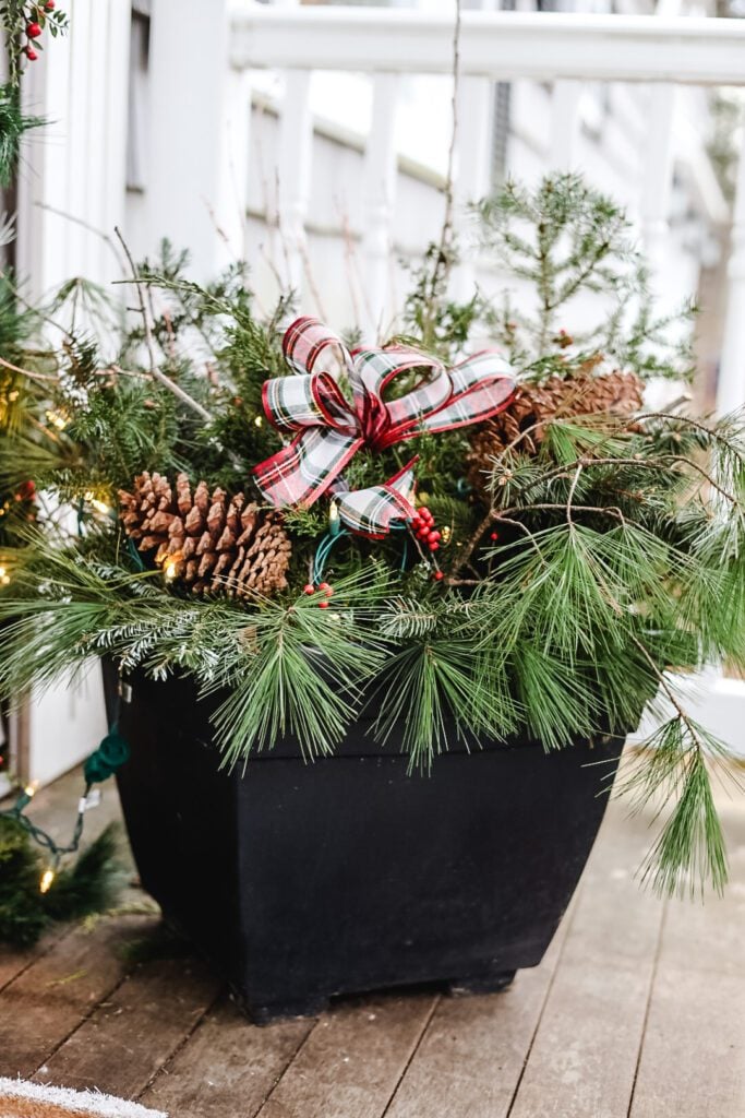 winter planter with greens, pine cones , and a bow