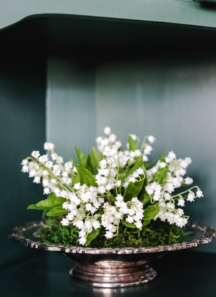 silver bowl with lilies of the valley