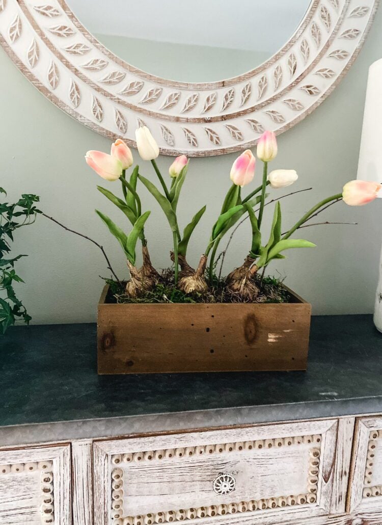 artificial Spring tulips in a planter box
