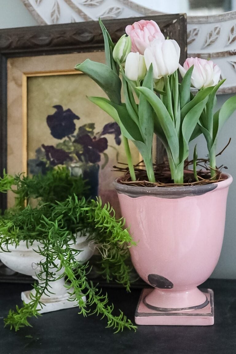 pink vessel with pink tulips