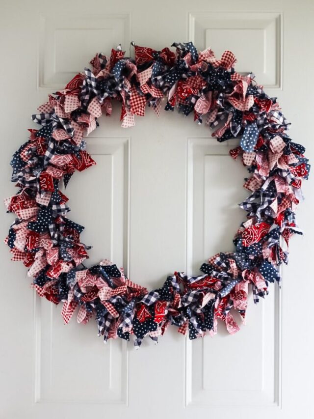 red and blue rag wreath