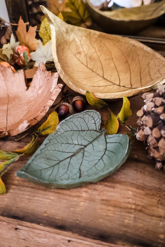 autumn leaf clay trinket dishes with fall pumpkins