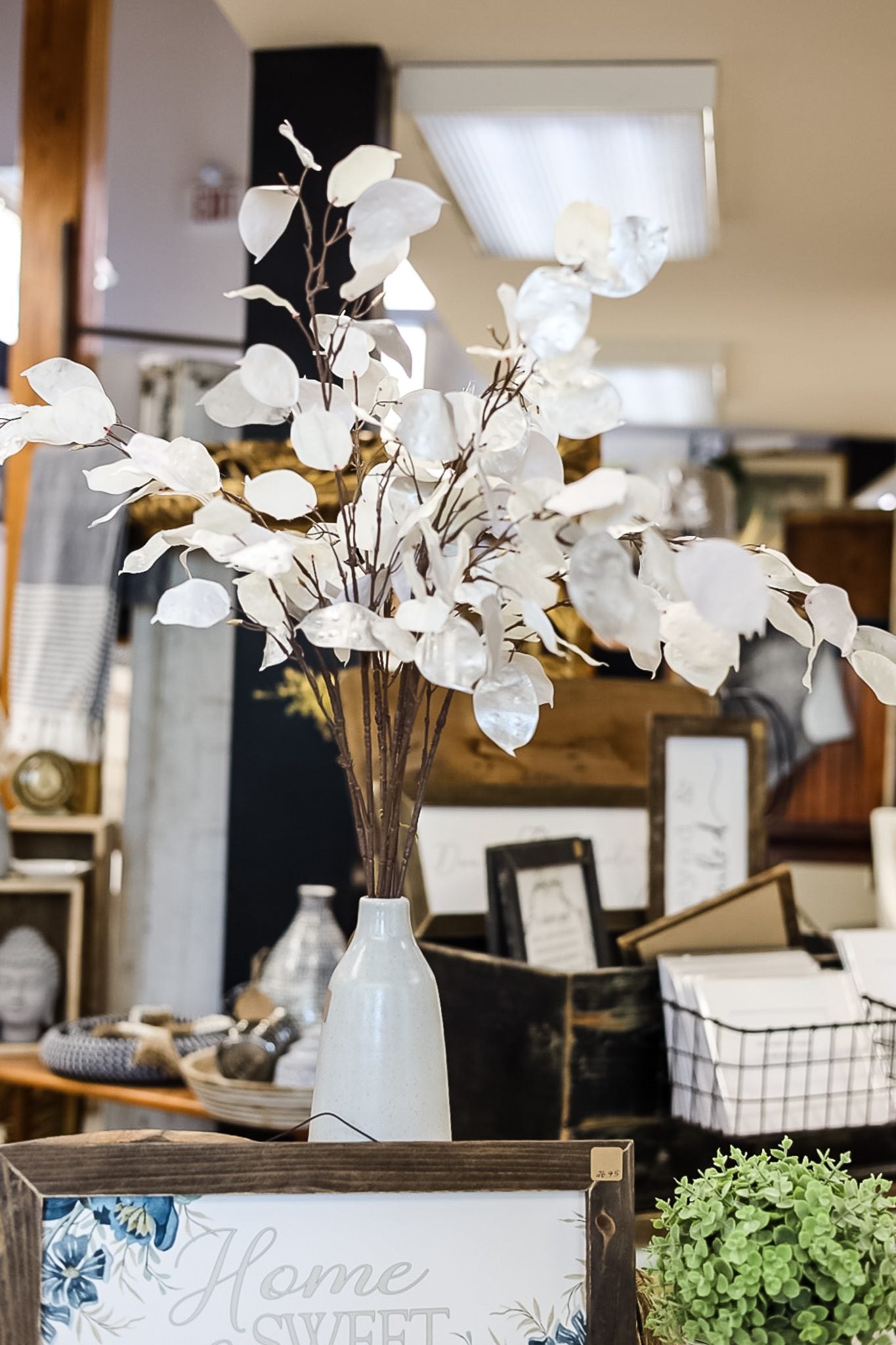 store display with white flowers