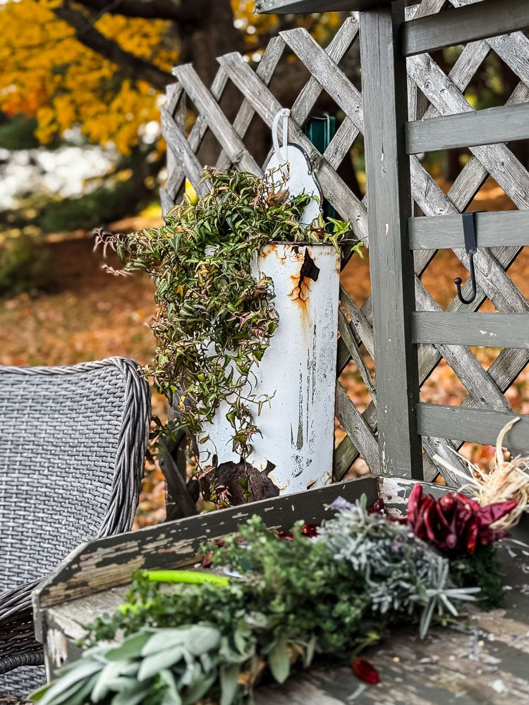 a view of a potting bench and garden fence with a hanging ivy in white metal planter