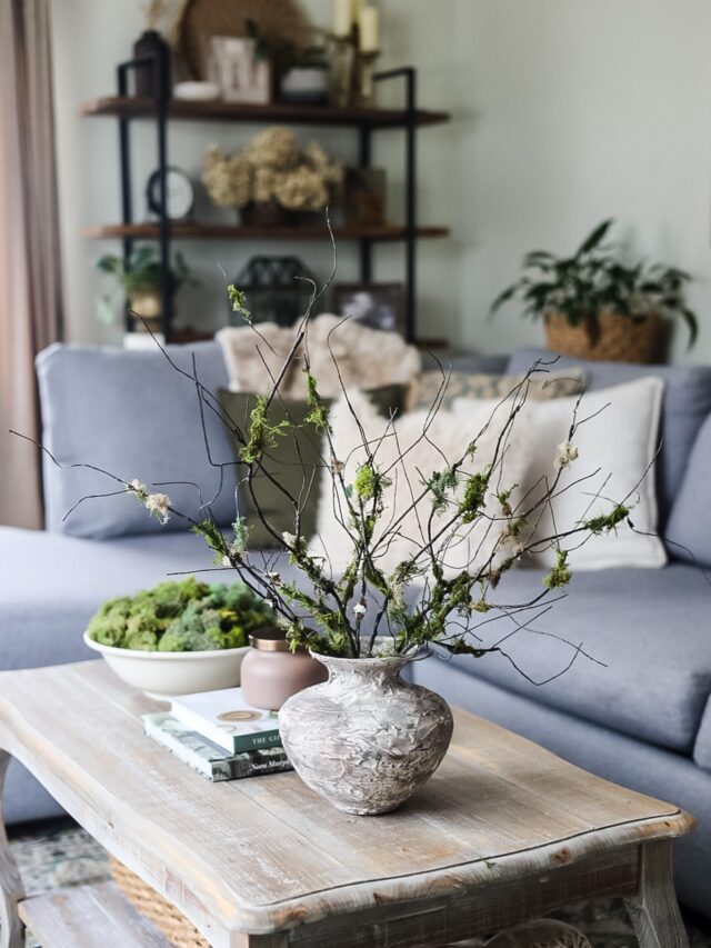 living room coffee table with vase of moss covered branches