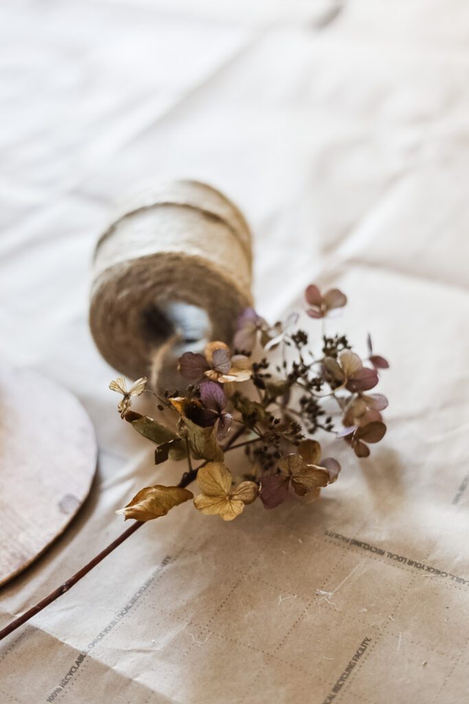 jute twine and dried hydrangea