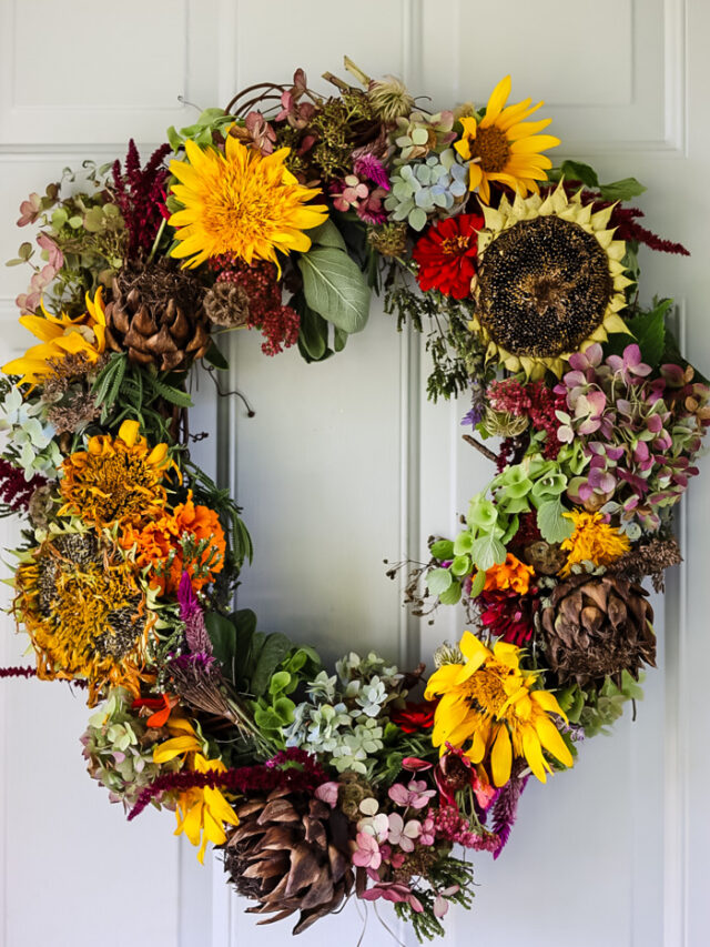 diy garden wreath on front door.