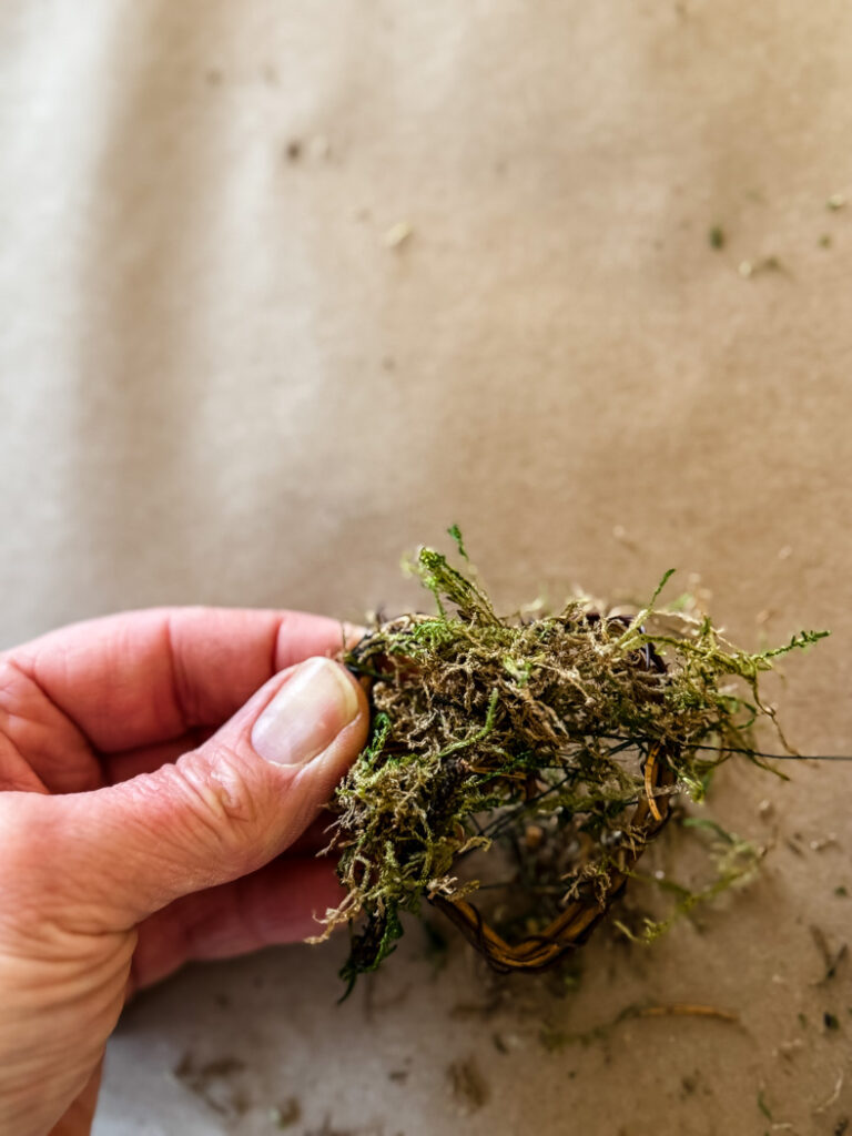 grapevine mini heart being covered with moss