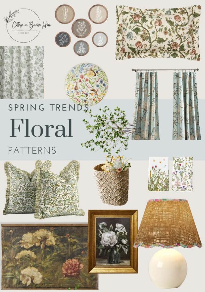 spring trends collage graphic with floral patterned accent items including pillows and curtains.