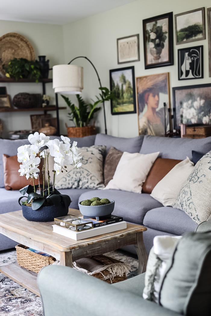living room with large gallery wall and gray sectional