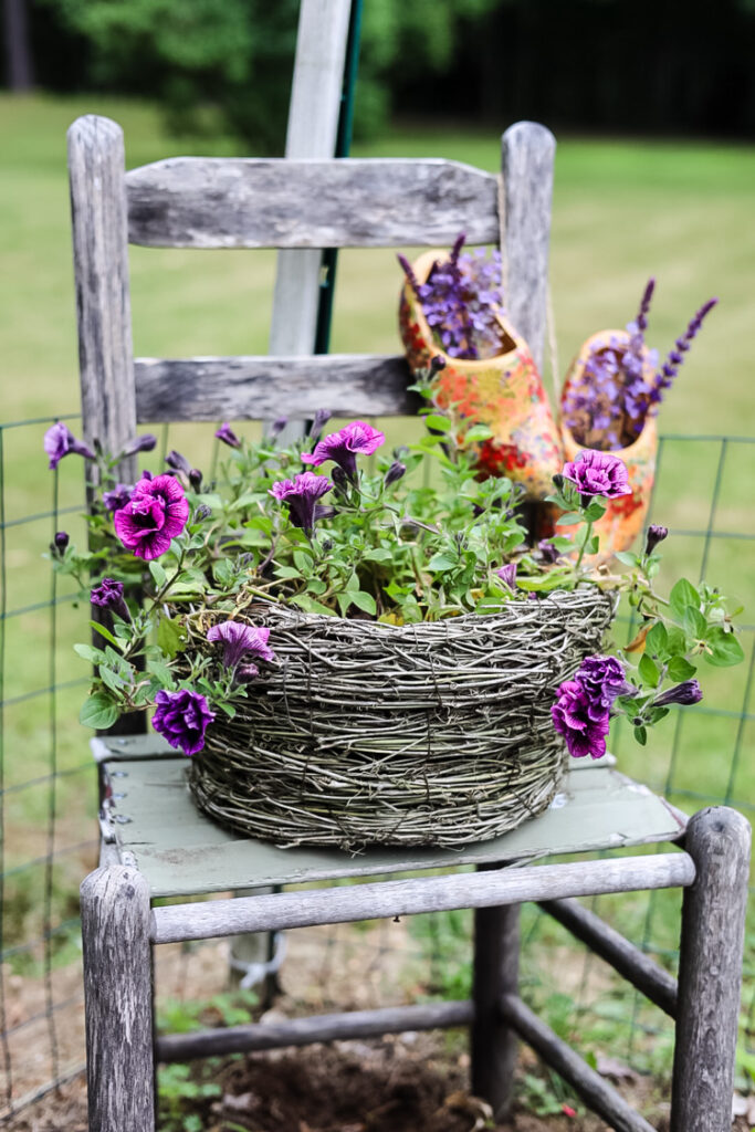 vintage chair with basket of flowers