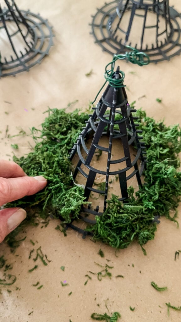 glueing moss to witch hat frame