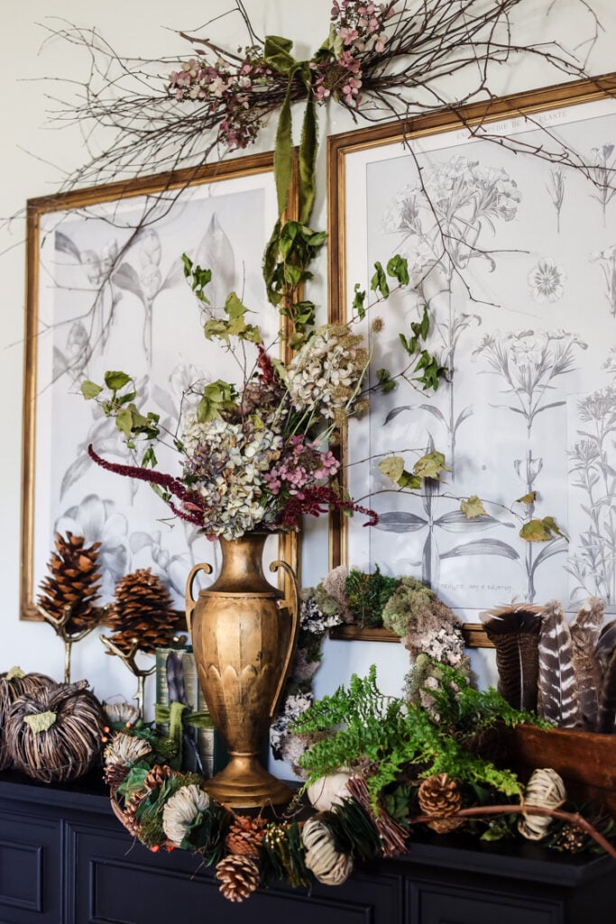 fall mantel with large dried arrangement in brass vase