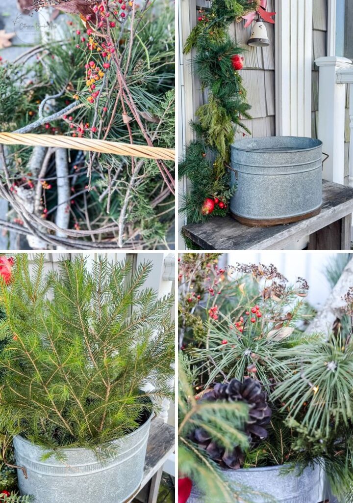collage of making a winter arrangement on porch