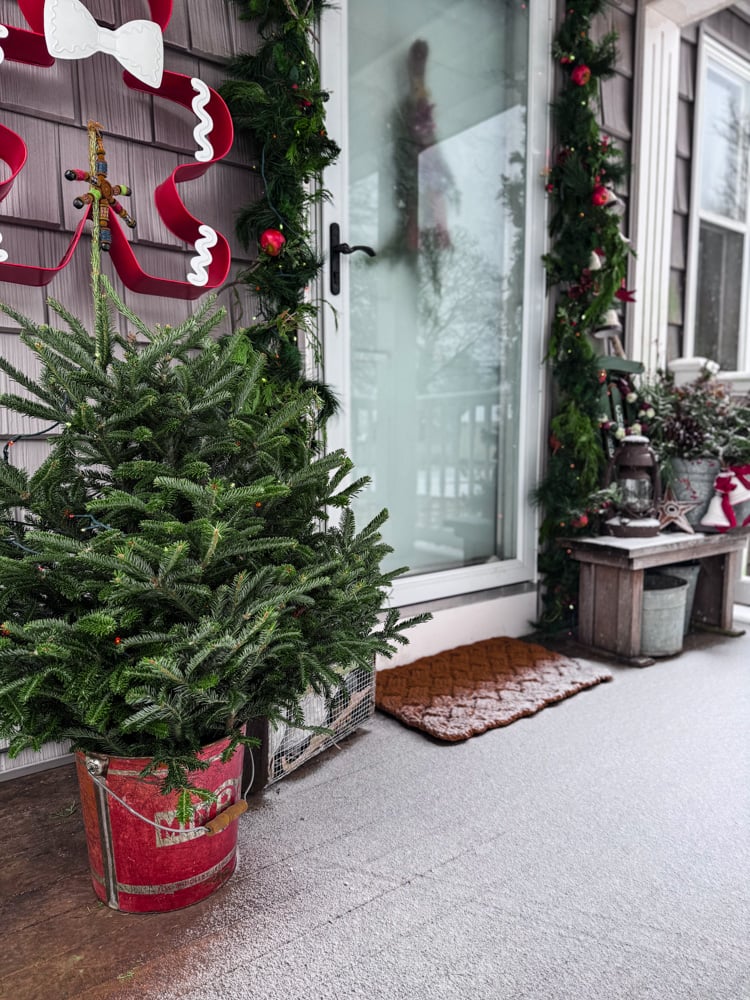 classic christmas porch with red and green decor