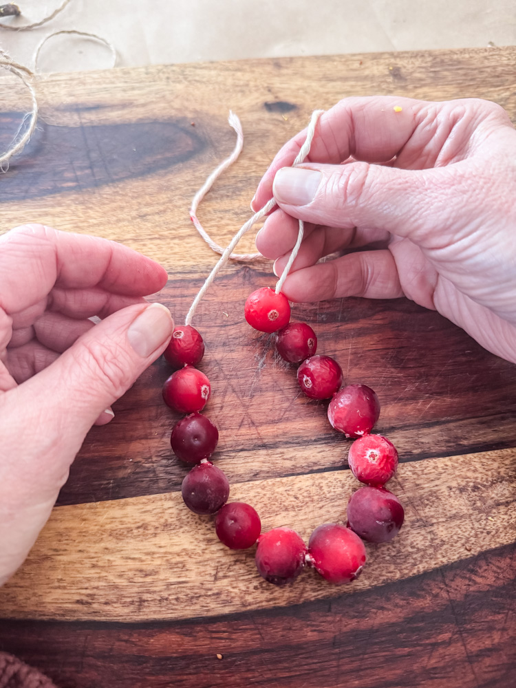 stringing cranberries