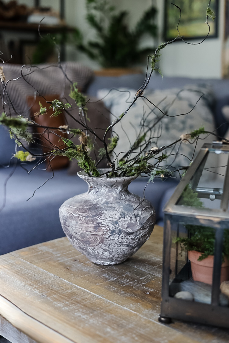 vase with mossy branches on coffee table
