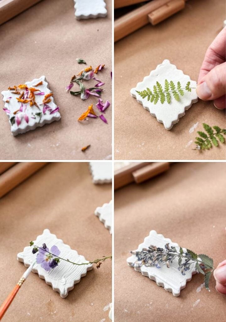 a collage of pressed flowers being decoupaged to clay shapes