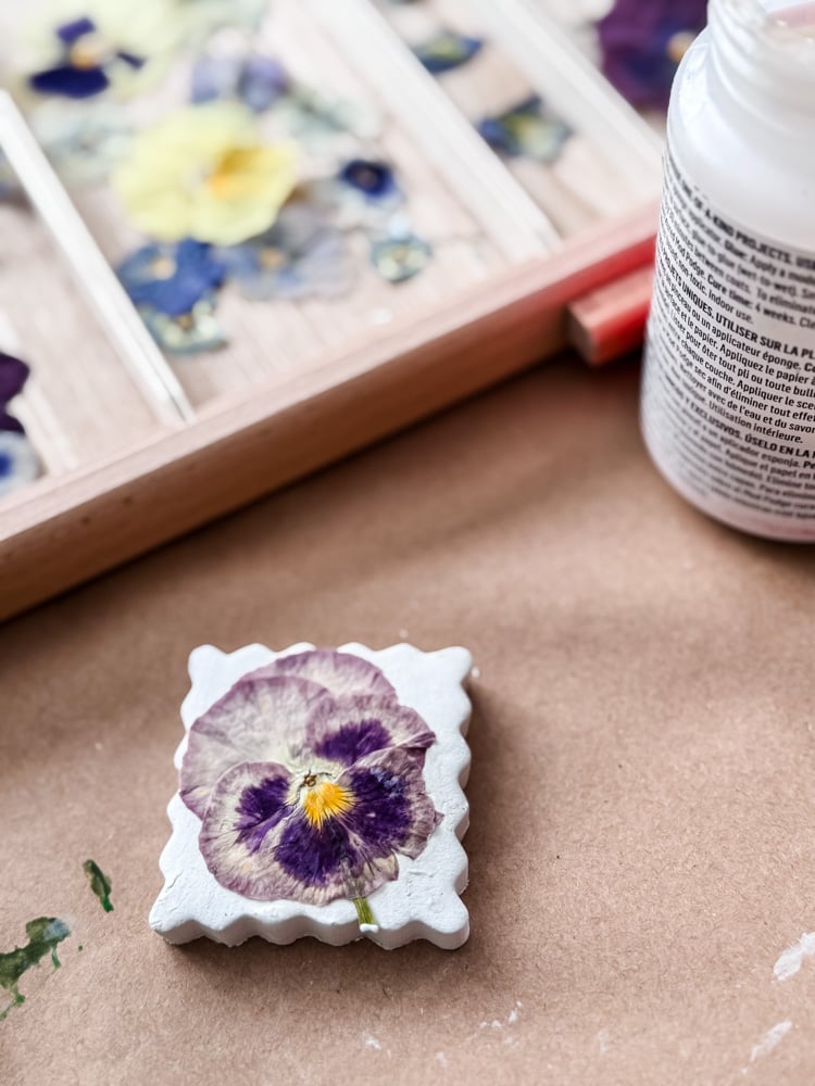 a purple pansy being decoupaged to a clay magnet