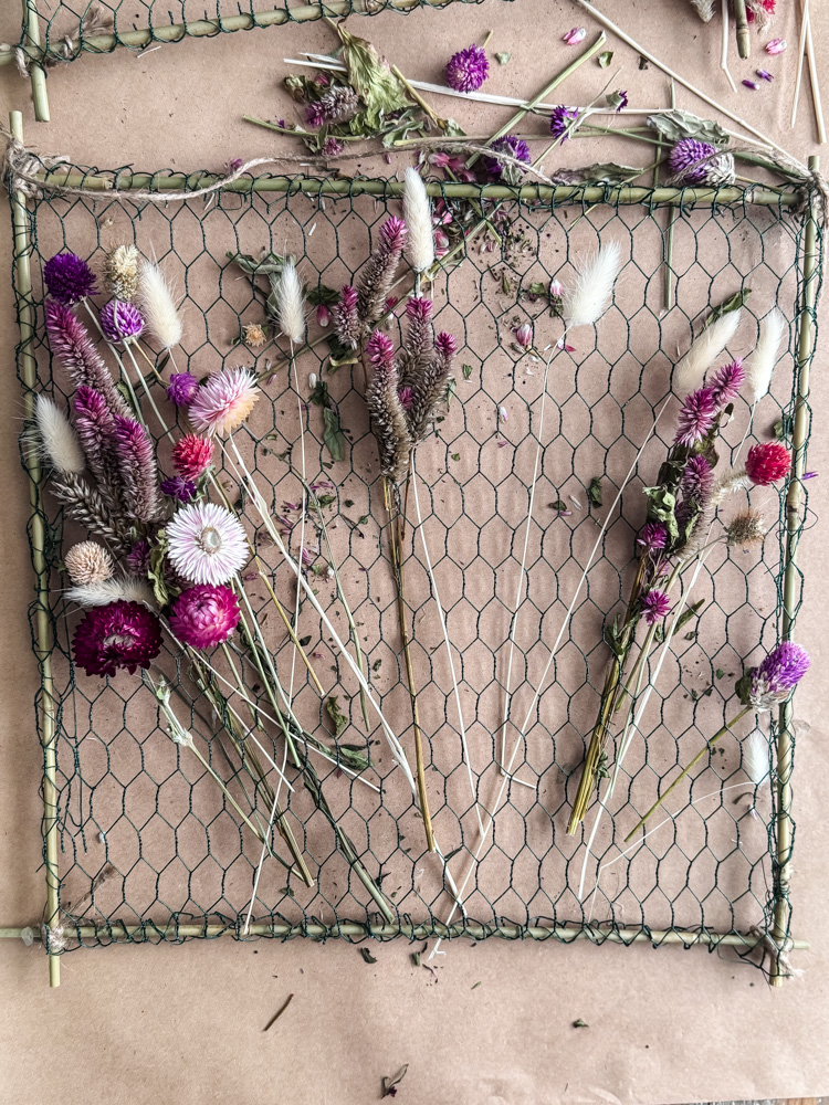 dried flowers on chicken wire frame
