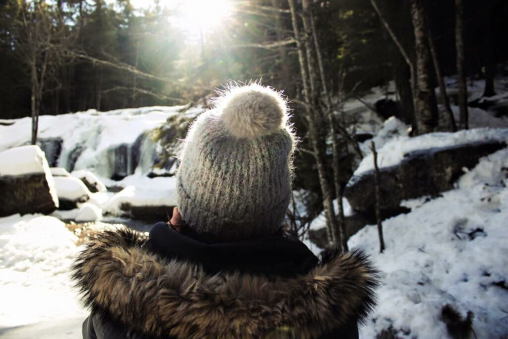 the back of a woman looking at a frozen waterfall