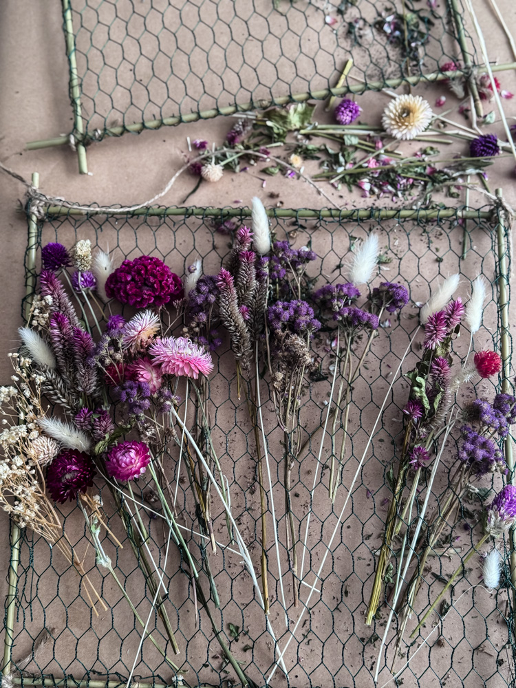 dried flowers on a chicken wire frame