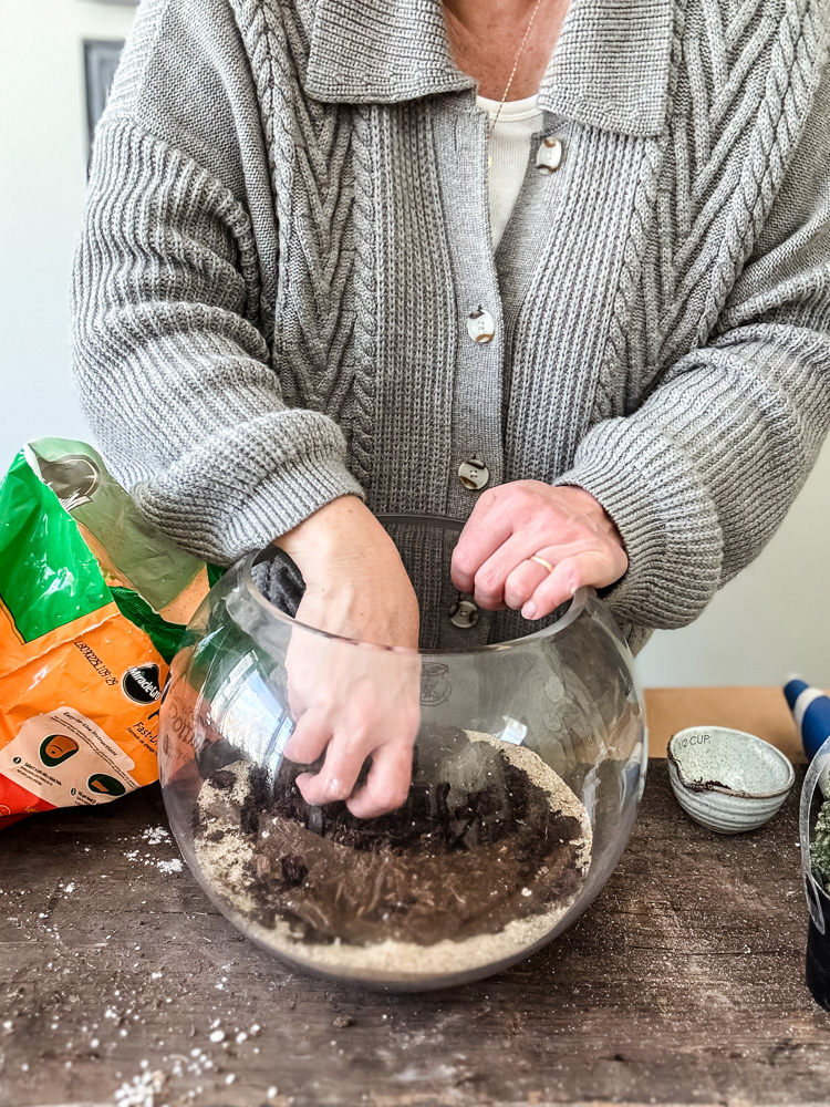 adding soil to a terrarium