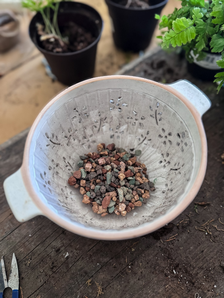 making a planter from a ceramic berry colander