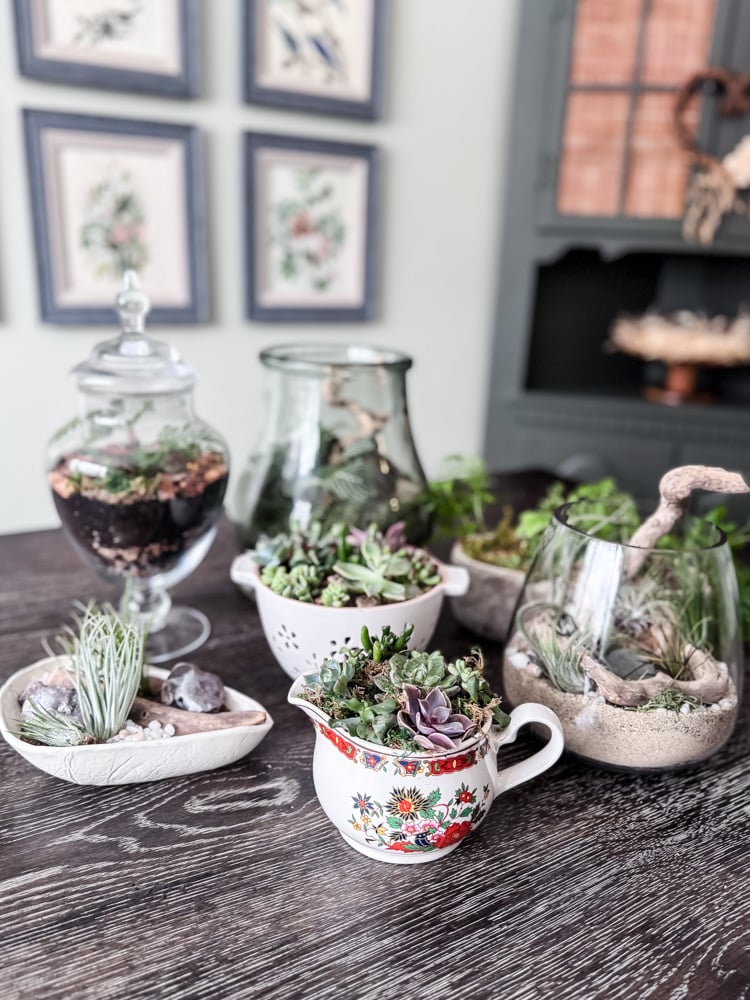 a table with 7 different planters made from thrifted finds
