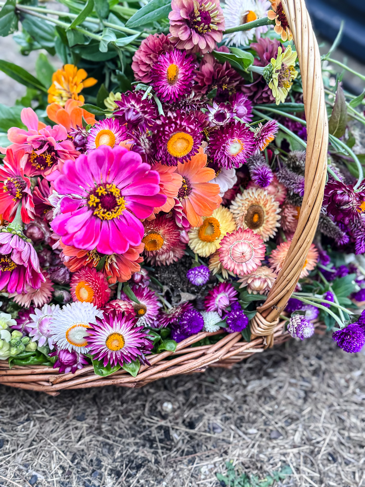 a wicker basket filled with fresh garden flowers
