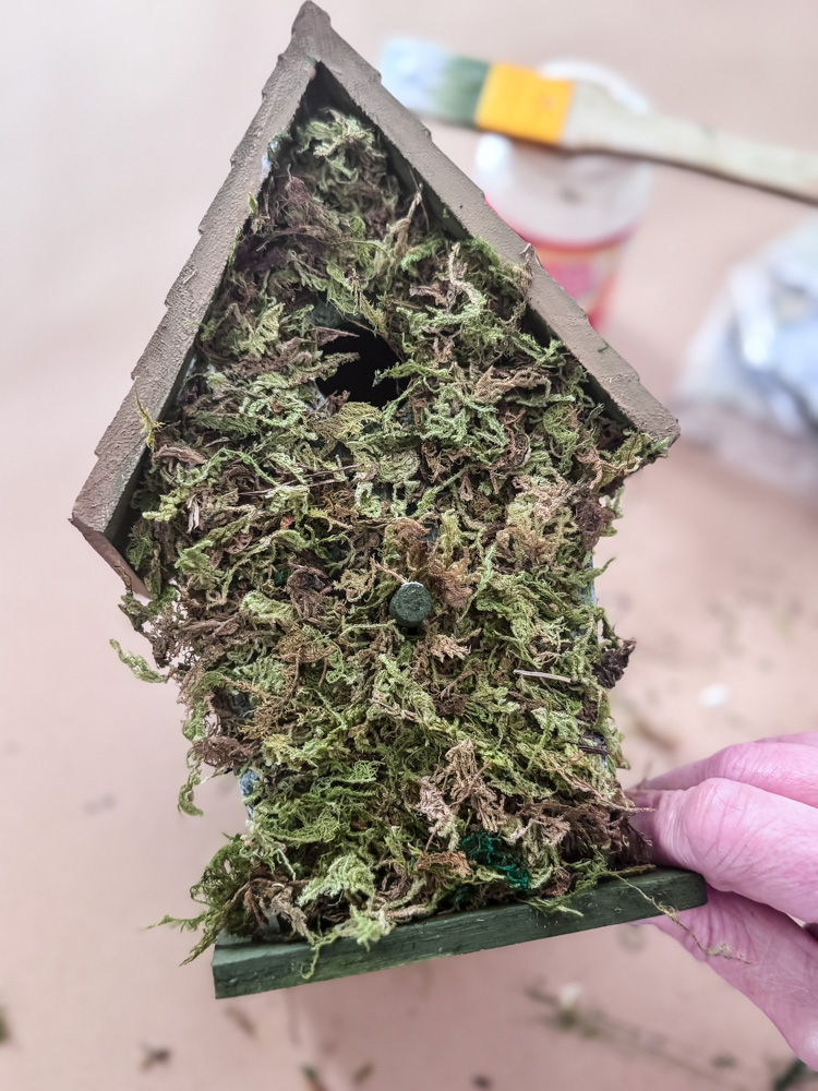 a moss covered birdhouse