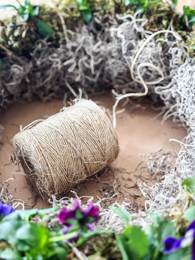 pansy wreath and ball of twine