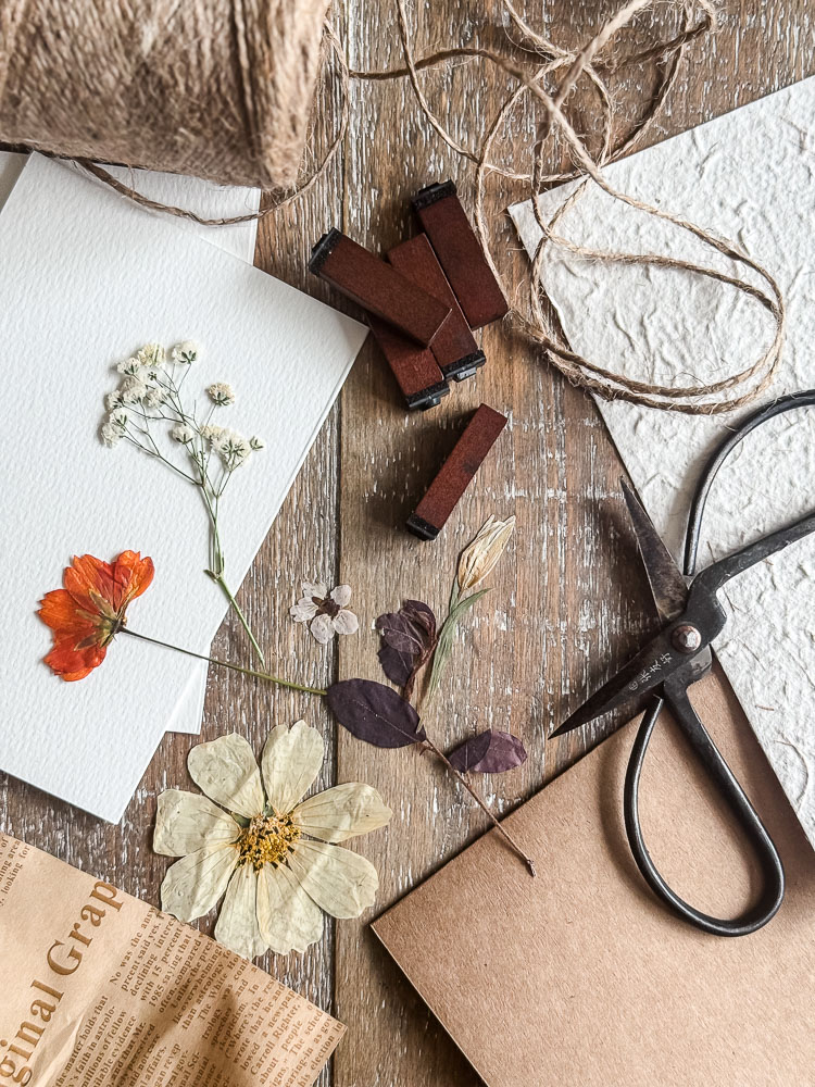 flatlay of craft supplies to make note cards