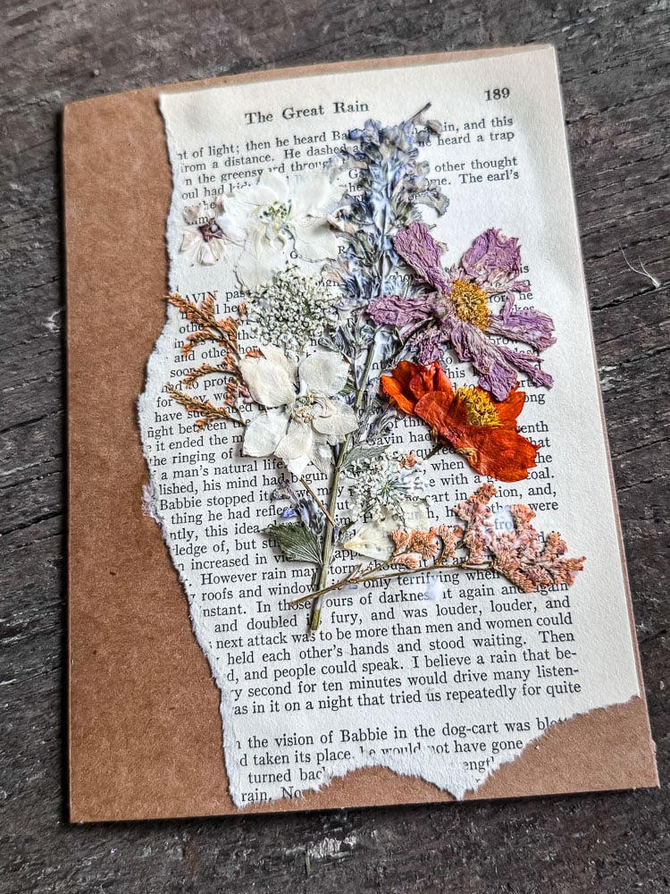 notecard with bookpage and flowers