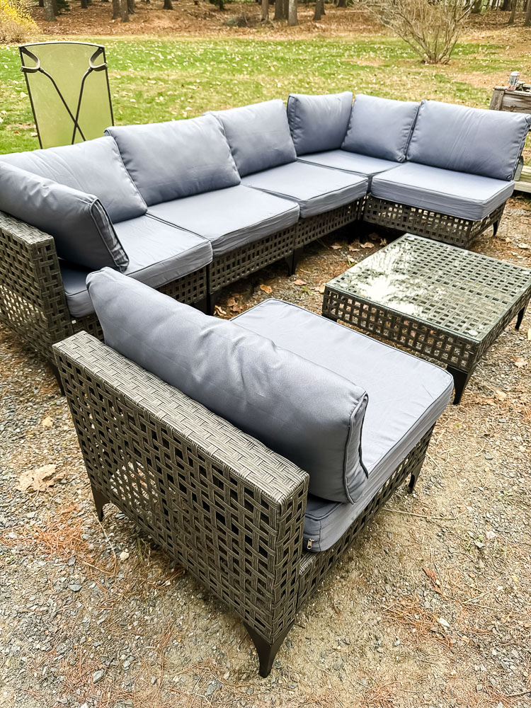 outdoor sectional with light blue cushions