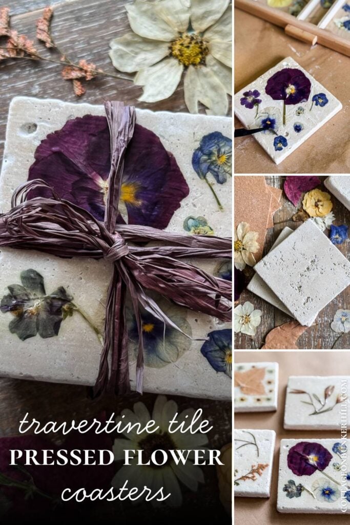 collage of photos of pressed flower tiles