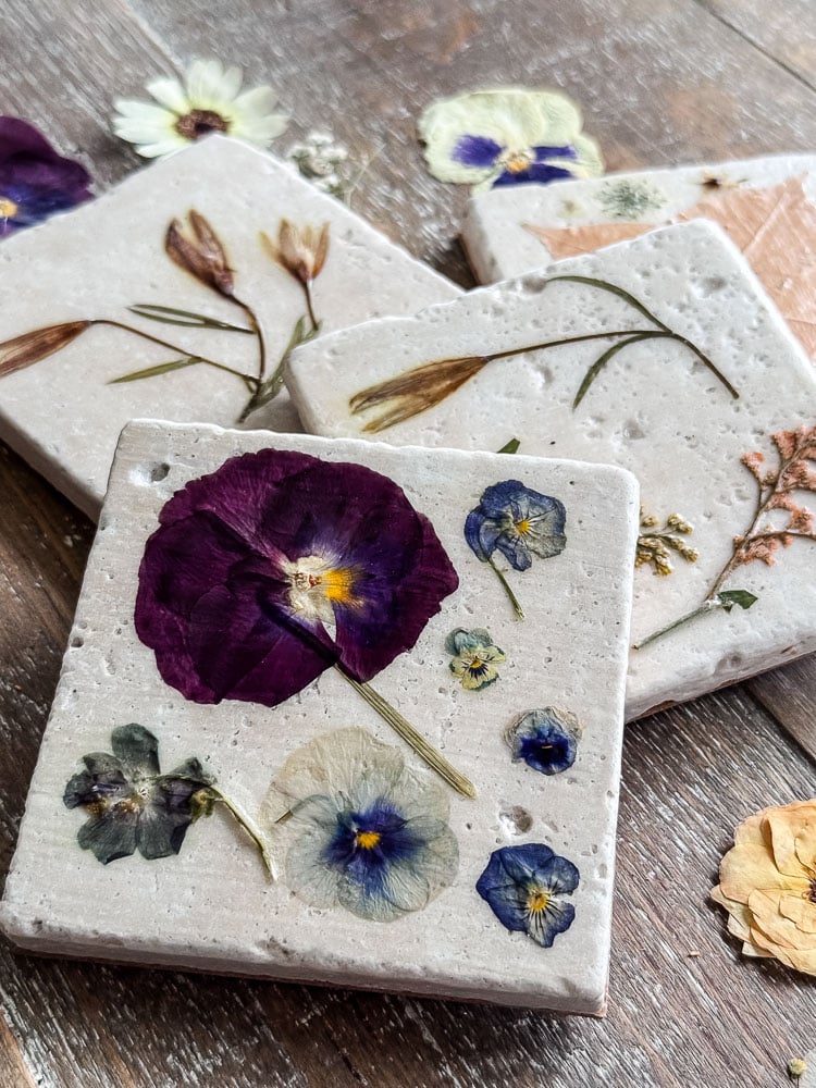 tile coasters with flowers