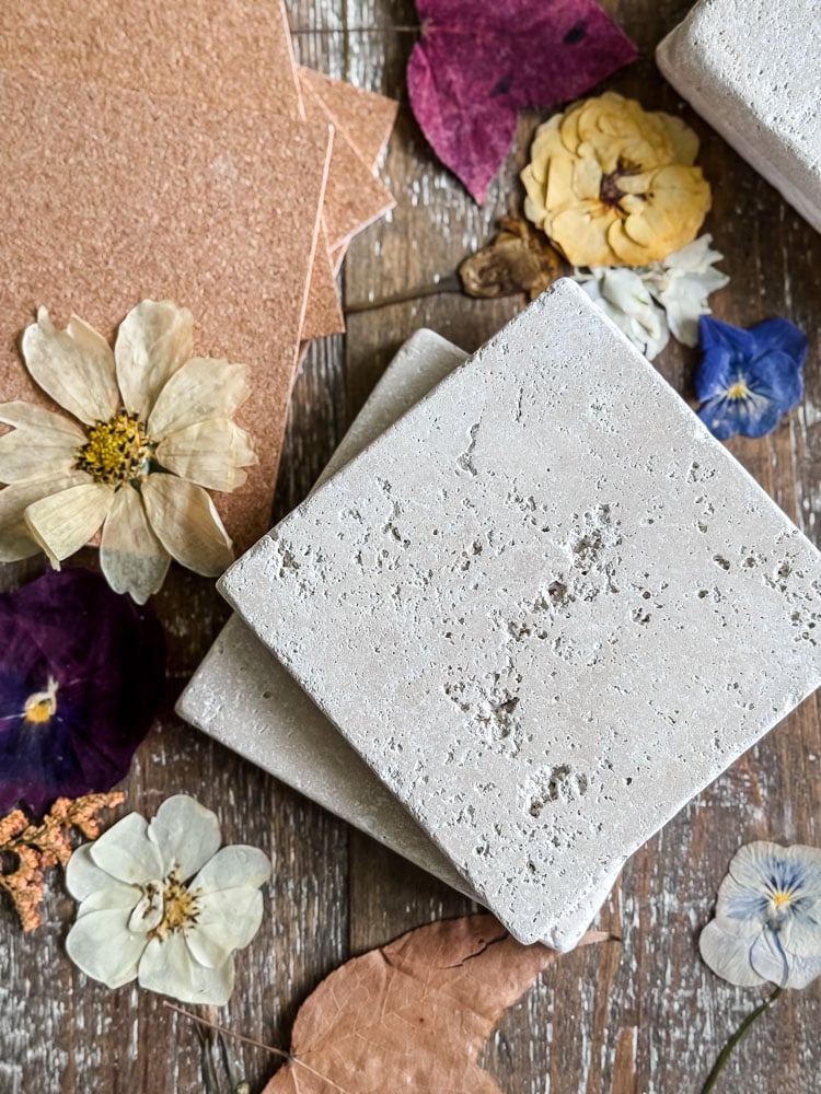 travertine tiles, flowers, cork