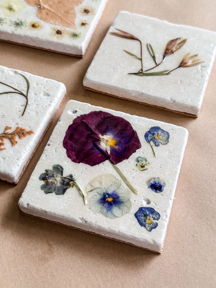 tile coaster with pansies