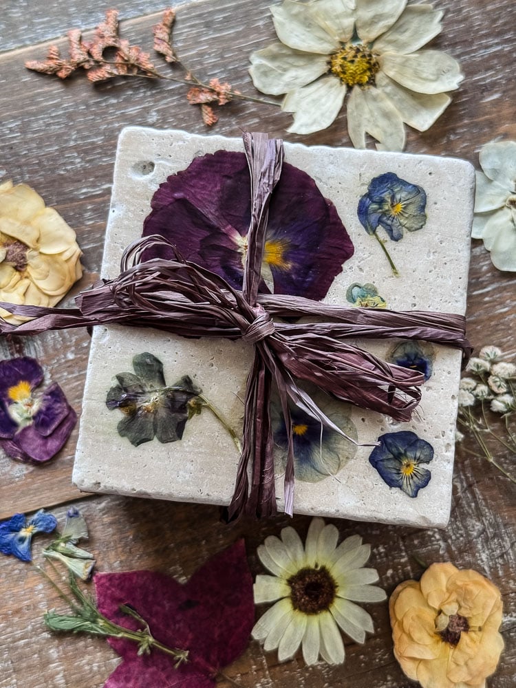 stack of coasters tied with brown raffia