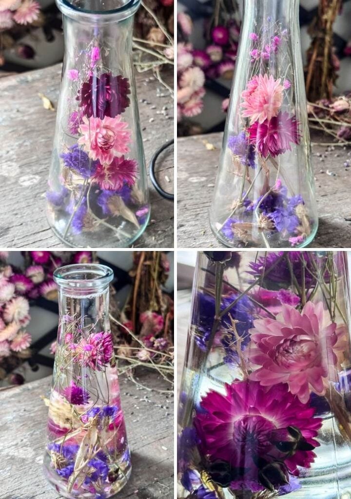 a collage of 4 photos of the process of making a japanese herbarium bottle with flowers suspended in oil