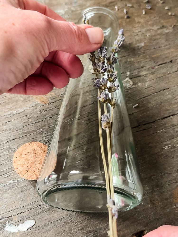 holding a piece of lavender up to a glass bottle