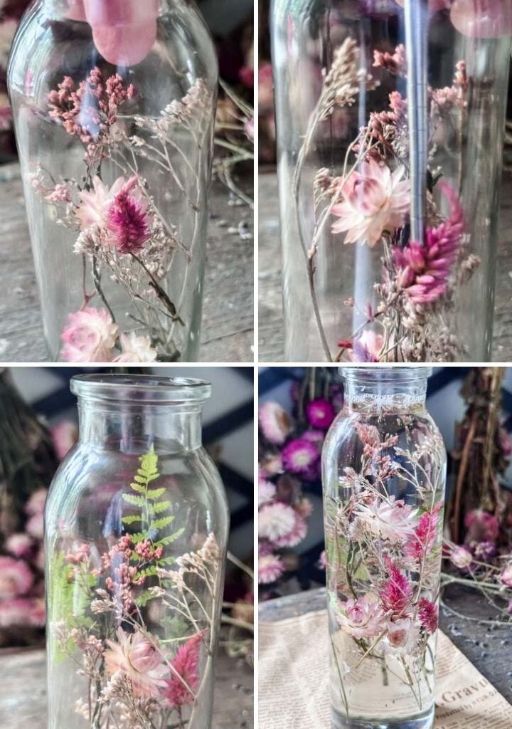 4 images of a glass bottle being filled with dried flowers