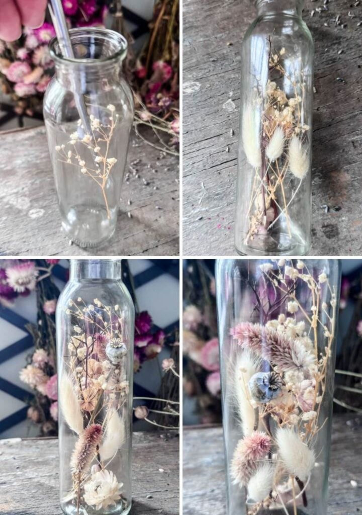 a collage of 4 photos showing the process of making a herbarium bottle with soft neutral colored flowers.