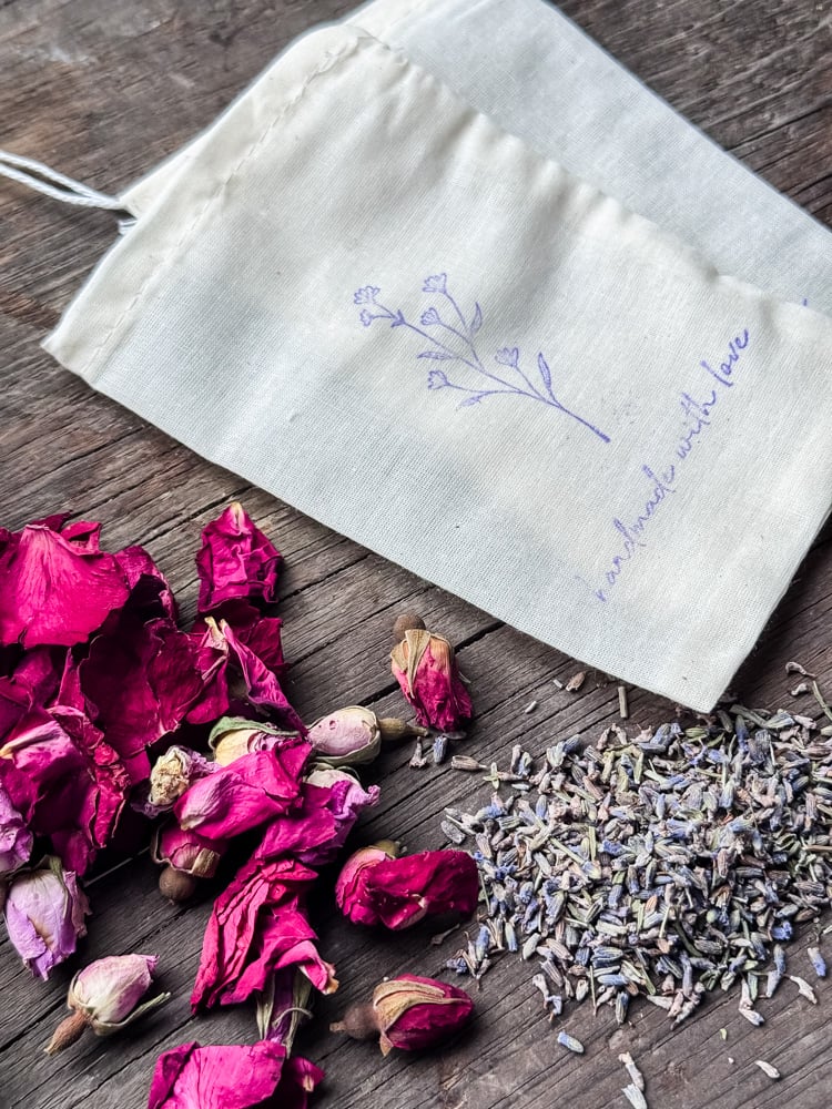 lavender buds, rose buds, and sachet bags