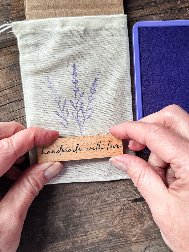 stamping a muslin sachet bag