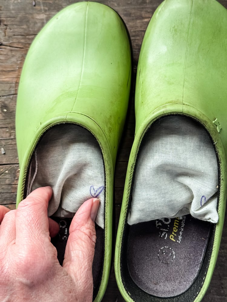 putting shoe sachets in garden clogs